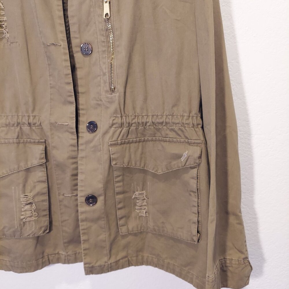 Love Tree Distressed Utility Jacket Olive Green Cargo Coat Size M - Picture 6 of 9